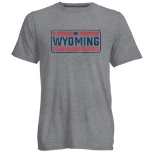 dark Oxford grey short sleeved tee. rectangle with red stripes and navy word Wyoming and buffalo printed in center of tee, distressed print