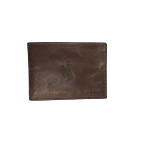 brown leather wallet, brown stitching around edge, brown bucking horse graphic in center, fossil logo embossed on bottom right corner