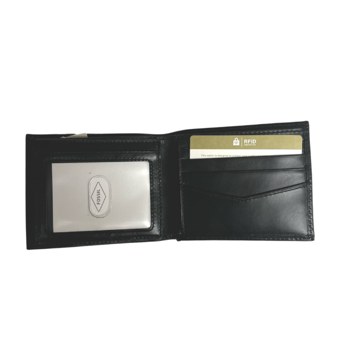 inside of black leather wallet open, left side with one card slot and clear ID slot, right side with 3 pockets on with pointed cover