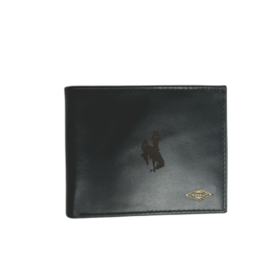 black bifold leather wallet, black stitching around edge, brown bucking horse graphic in middle of wallet, fossil log on right bottom corner