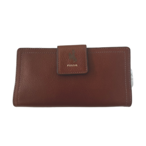 brown leather wallet, leather closure in middle top with brown bucking horse graphic in center and word Fossil underneath, white decorative stitching around edge