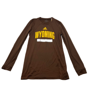 women's brown athletic long sleeved tee. Adidas logo and word Wyoming printed in gold, with a white bar printed below. design on front center of tee
