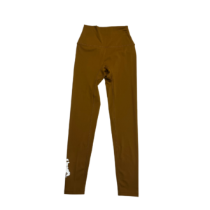 camel colored leggings. 7/8 length, small white bucking horse printed on right outside ankle of legging