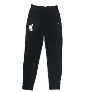 black colored, women's jogger sweatpants. banded waistband, and bottoms. small white bucking horse printed on right top pocket
