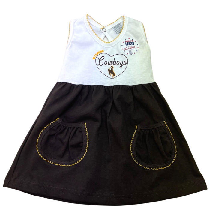infant and toddler dress. brown skirt with white tank top. Word Cowboys and a bucking horse inside of a heart printed in brown and gold on front