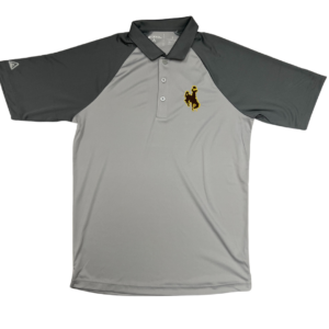 mens, short sleeved polo shirt. silver colored body, dark grey sleeves. small brown bucking horse with gold outline embroidered on left chest