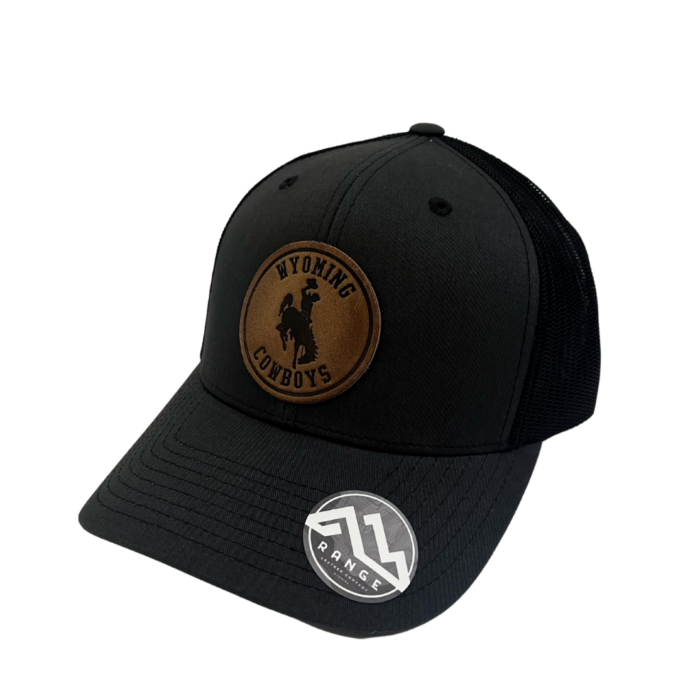 structured, mid profile hat with snapback closure. charcoal grey front and black mesh back. Leather Wyoming Cowboys circle patch with bucking horse on front of hat
