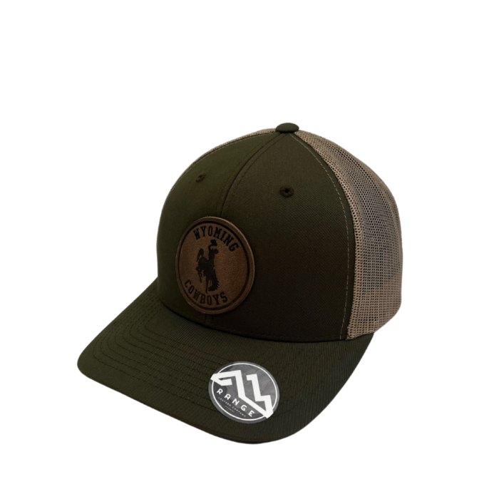 structured, mid profile hat with snapback closure. moss front, khaki mesh back. Leather Wyoming Cowboys patch with bucking horse on front of hat