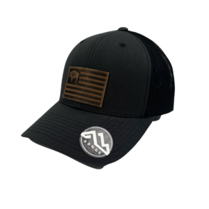 structured, mid profile hat with snapback closure. charcoal front, black mesh back. Leather Wyoming Flag with Buffalo patch on front of hat