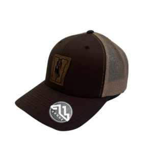 structured, mid profile hat with snapback closure. brown front, khaki mesh back. Leather W with bucking horse patch on front of hat