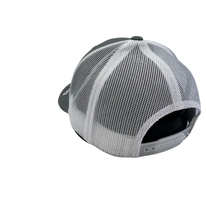 back view of structured, mid profile adjustable hat. white plastic, snap back closure