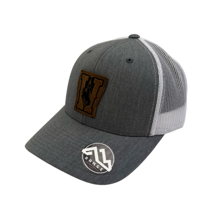structured, mid profile hat with snapback closure. heather gray front, white mesh back. Leather W with bucking horse patch on front of hat