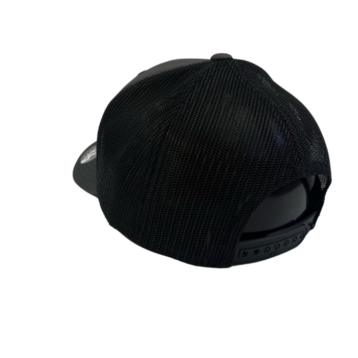 back view of structured, mid profile adjustable hat. black plastic, snap back closure