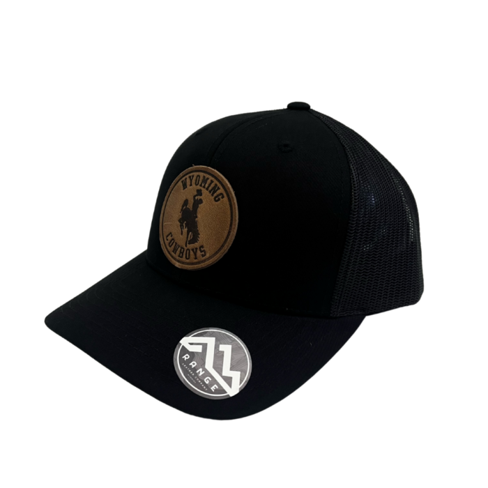 black, structured, mid profile hat with snapback closure and mesh back. Leather Wyoming Cowboys circle patch with bucking horse on front of hat