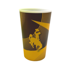 brown and gold plastic, 22 oz cup. Gold bucking horse on front and geometric pattern all over cup