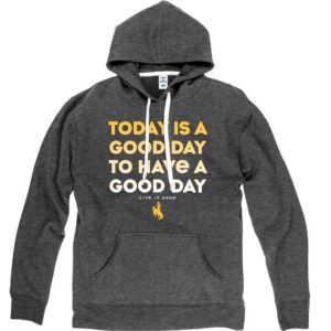 heathered black, women's lightweight hoodie with front pocket. Slogan Today is a Good Day to Have a Good Day printed on front in gold and white
