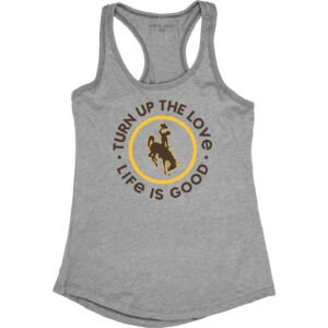 women's razorback tank top. brown bucking horse with gold circle around it, with slogan Turn Up the Love and Life is Good printed on front center of tank