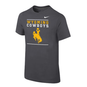 Nike brand, youth short sleeved tee in dark grey. Large gold bucking horse printed on front, with slogan Wyoming Cowboys above in gold and white