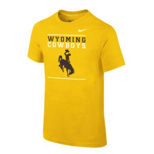 Nike brand, youth short sleeved tee in gold. Large black bucking horse printed on front, with slogan Wyoming Cowboys above in black and white