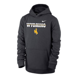 Nike brand, dark grey youth hooded sweatshirt. front pocket, and hood. Word Wyoming printed in white stripes on front with gold bucking horse below