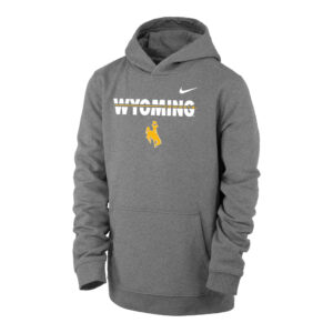 Nike brand, grey youth hooded sweatshirt. front pocket, and hood. Word Wyoming printed in white stripes on front with gold bucking horse below