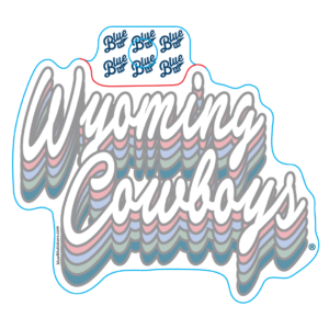 sticker, design is word Wyoming above word cowboys in white, pink, blue, green and teal shadows below each word