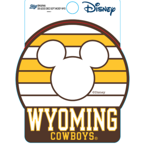 round decal with white, brown and gold stripes in background, Mickey Mouse ear outline in white in front, brown rectangle at bottom word wyoming in white with gold outline above word cowboys in gold