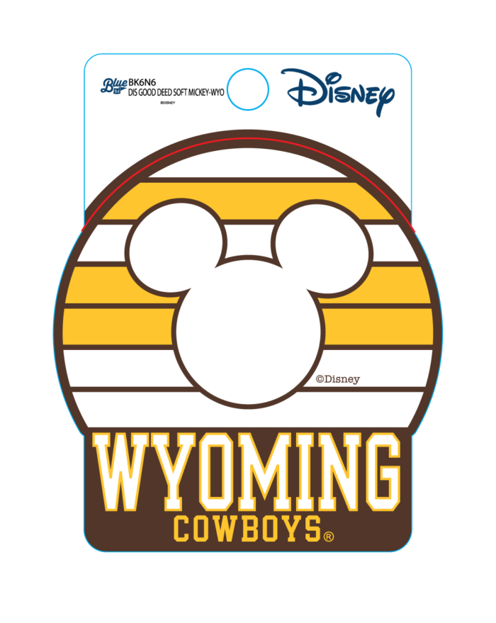 round decal with white, brown and gold stripes in background, Mickey Mouse ear outline in white in front, brown rectangle at bottom word wyoming in white with gold outline above word cowboys in gold