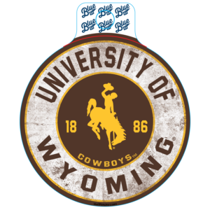 brown circle decal, design is distressed white circle with brown words University of Wyoming around brown circle with gold bucking horse between number 18 86 above gold word Wyoming