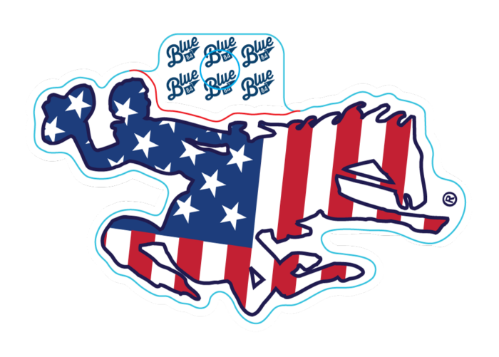 bucking horse shaped decal with american flag blue stars and red and white stripes inside