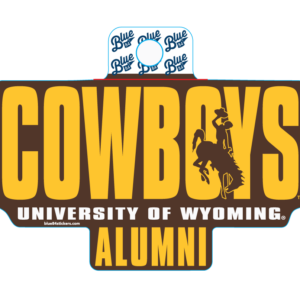 decal, design is words cowboys in gold with brown bucking horse overlayed on right side, words university of wyoming below in brown, word alumni below in gold