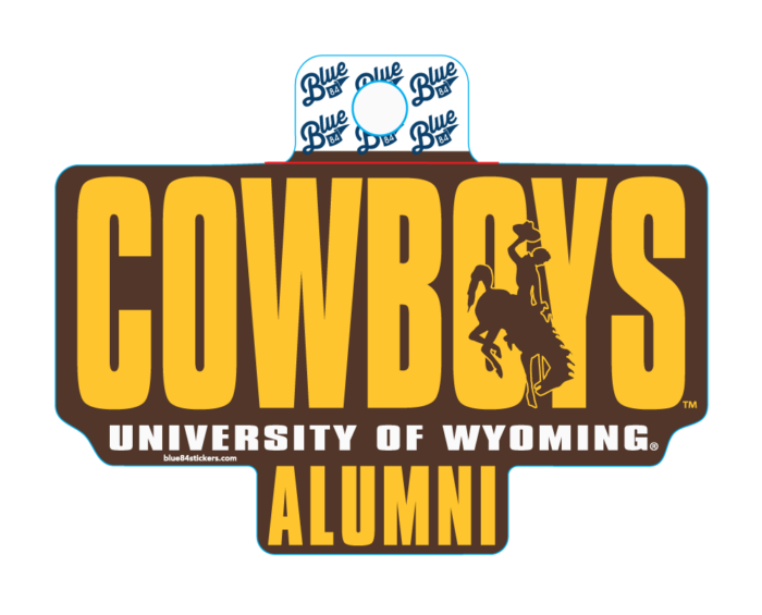 decal, design is words cowboys in gold with brown bucking horse overlayed on right side, words university of wyoming below in brown, word alumni below in gold