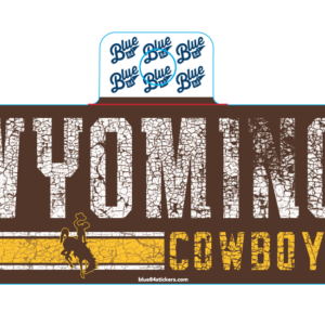 brown rectangle decal, design is distressed white word Wyoming above brown bucking horse on gold and white stripes next to distressed gold word cowboys