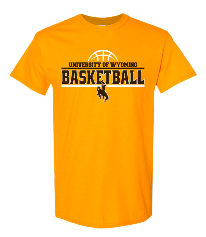 Gold short sleeved tee with slogan University of Wyoming Basketball on front in brown. Basketball logo above in white and brown bucking horse below slogan