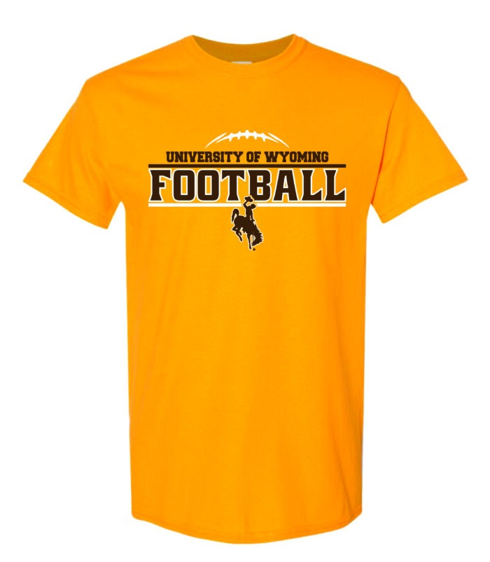 Gold short sleeved tee with slogan University of Wyoming Football on front in brown. Football logo above in white and brown bucking horse below slogan