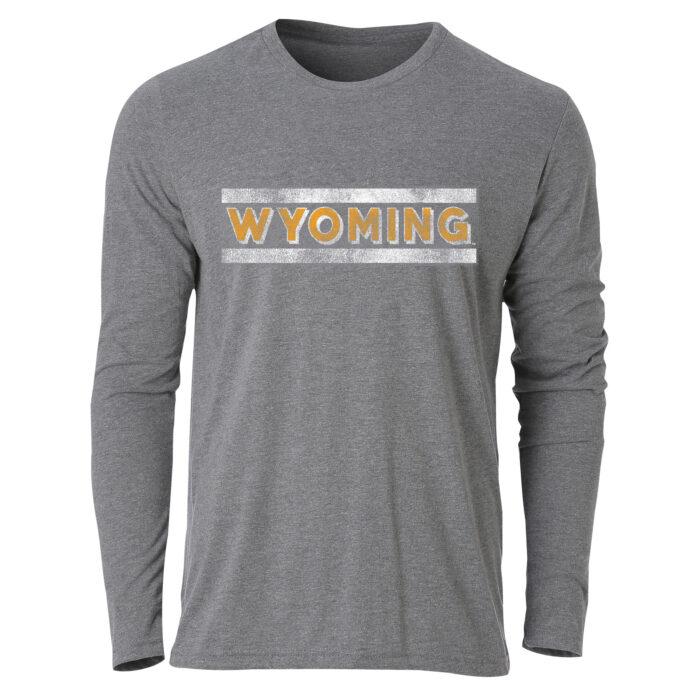 grey, long sleeved tee. Word Wyoming printed in gold with white shadow. Single white stripe above and below word. Design on front, center of tee