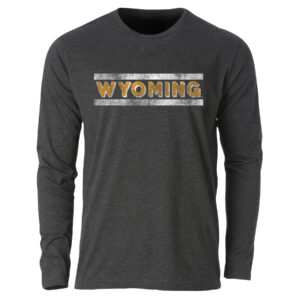 black, long sleeved tee. Word Wyoming printed in gold with white shadow. Single white stripe above and below word. Design on front, center of tee