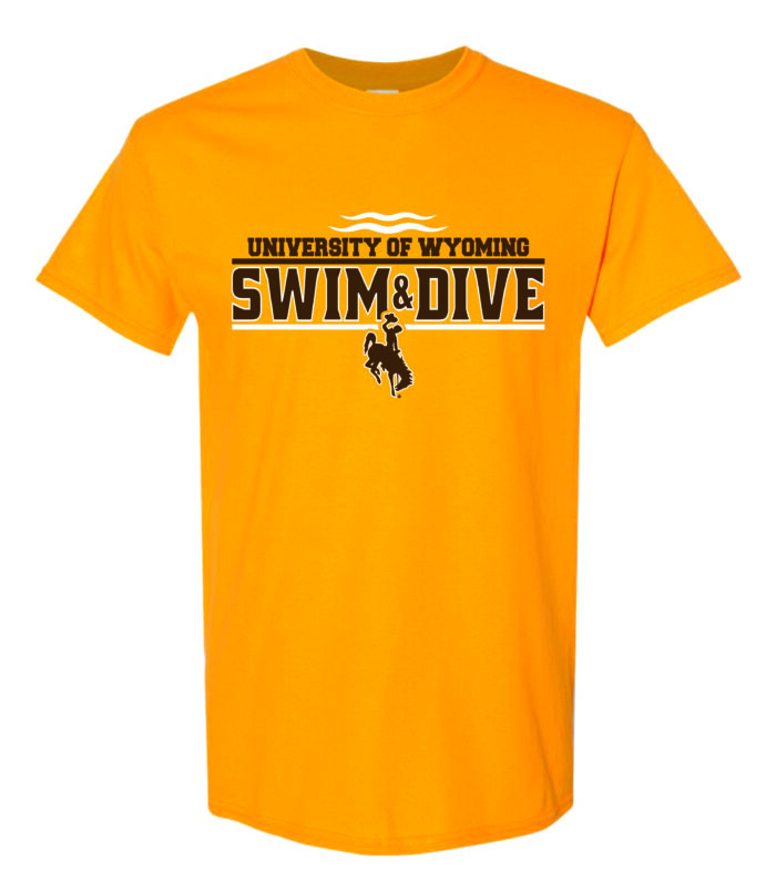 Gold short sleeved tee with slogan University of Wyoming Swim & Dive on front in brown. Swim & Dive logo above in white and brown bucking horse below slogan
