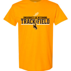 Gold short sleeved tee with slogan University of Wyoming Track and Field on front in brown. Track and Field logo above in white and brown bucking horse below slogan