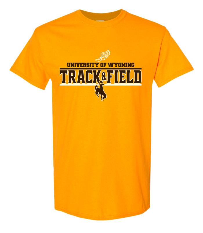 Gold short sleeved tee with slogan University of Wyoming Track and Field on front in brown. Track and Field logo above in white and brown bucking horse below slogan