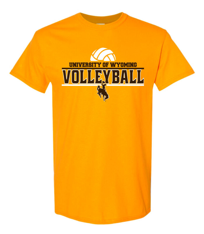 Gold short sleeved tee with slogan University of Wyoming Volleyball on front in brown. Volleyball logo above in white and brown bucking horse below slogan