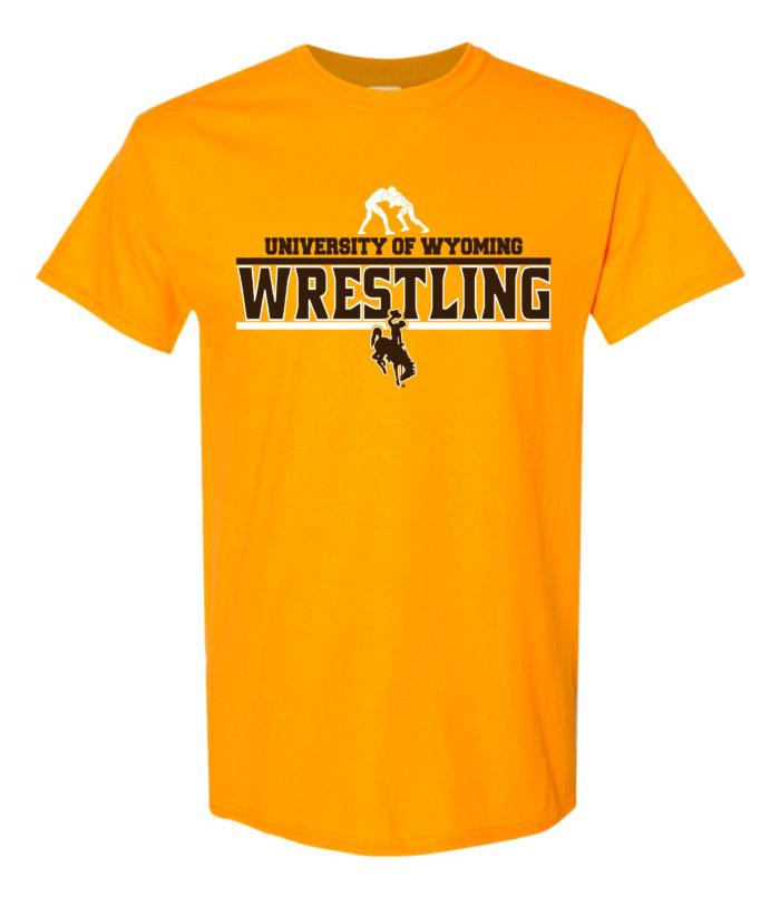 Gold short sleeved tee with slogan University of Wyoming Wrestling on front in brown. Wrestling logo above in white and brown bucking horse below slogan