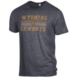 black tri blend fabric short sleeved tee. Slogan Wyoming Cowboys and bucking horse with stripes around wording printed on front in distressed gold, brown and white ink