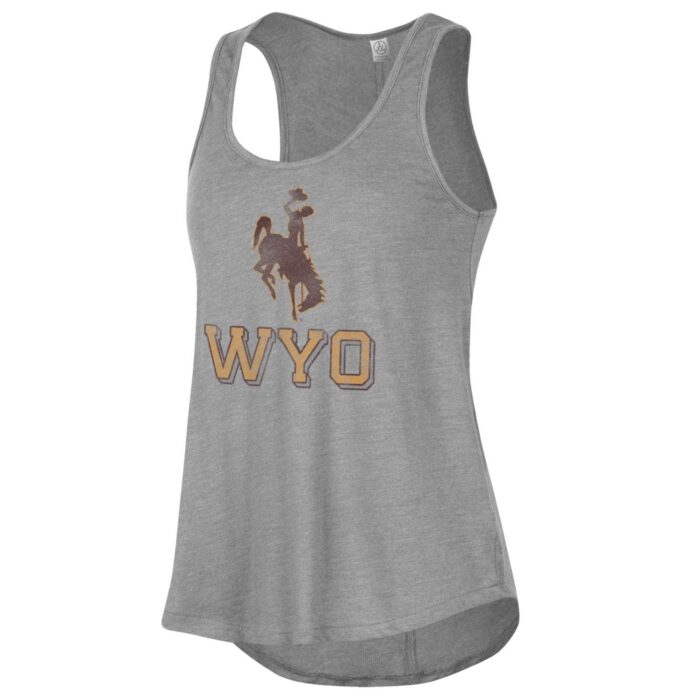 women's scoop necked grey tank top. brown bucking horse with word WYO below in brown and gold on front center of tank