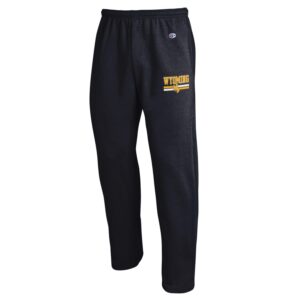mens black, open bottom sweat pants. Champion logo and word Wyoming with bucking horse printed in white and gold on top left of pant