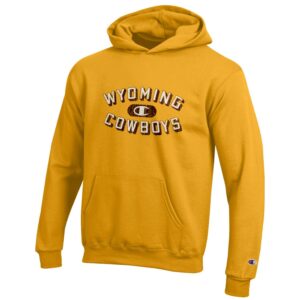 gold youth hooded sweatshirt. Slogan Wyoming Cowboys with Champion C logo in the center printed in white with brown shadow on front of hoodie