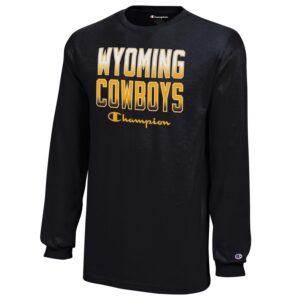 youth sized black, long sleeved tee. Slogan Wyoming Cowboys printed in gold and white on front of tee. Word Champion printed below in gold