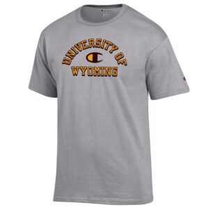 grey, short sleeved tee. Slogan University of Wyoming with Champion C logo in the center printed on front of tee in brown with gold outline.