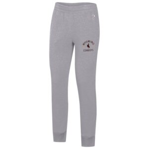 grey, women's sweat pant joggers. Slogan Wyoming Cowboys with bucking horse in between words printed in brown on top left pant leg