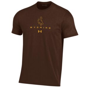 brown, UA brand short sleeved tee. gold outlined bucking horse and word, Wyoming printed in gold on front center of tee. UA logo printed below word Wyoming